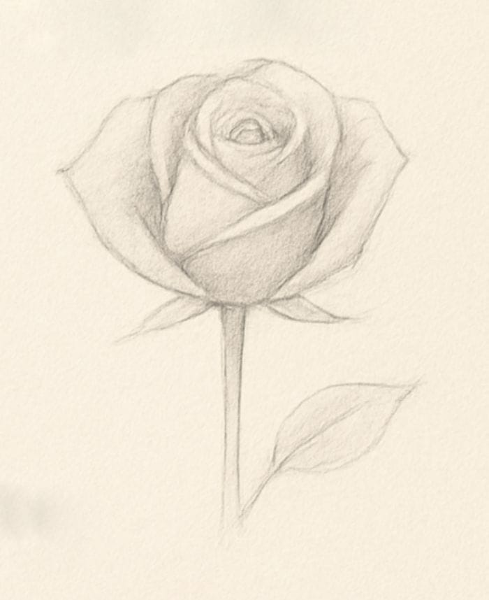 Step 3 rose drawing with detailed pencil shading on petals and leaf to create depth and realism.