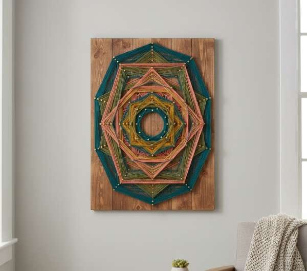 Intricate string art creations displayed on a wall, perfect for trendy wall decor and creative, modern wall art ideas.