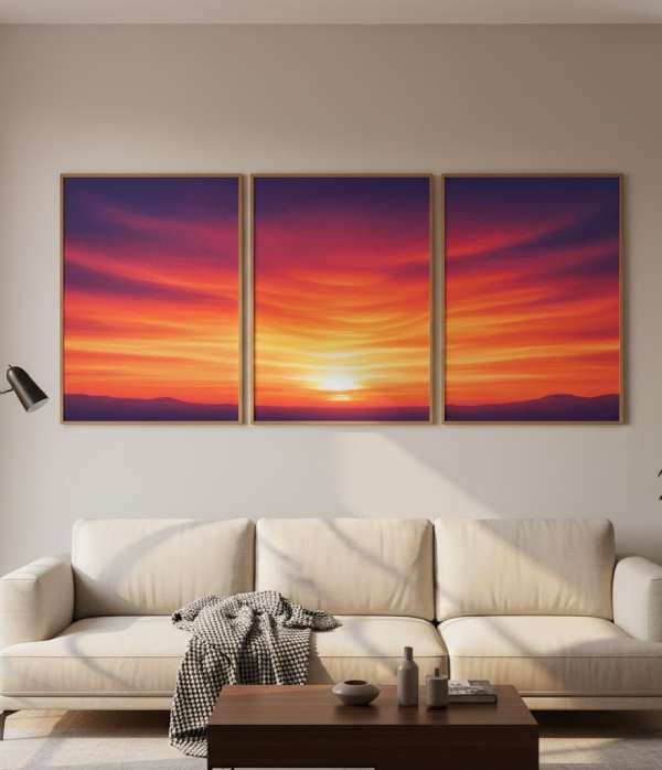 A modern living space featuring sunset gradient wall prints with warm tones, creating a cozy and stylish atmosphere for trendy wall decor.