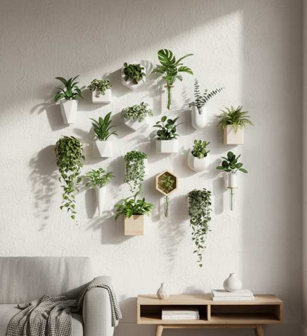 Lush wall-mounted planters creating a living wall, perfect for trendy wall decor and indoor green wall art ideas.