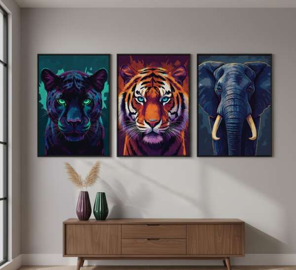 A stylish living room wall showcasing framed wildlife portrait paintings of animals, adding a bold and trendy touch to modern home decor.