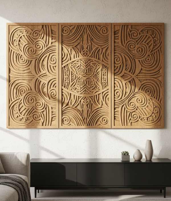 Intricate wooden relief carvings displayed on a wall, perfect for trendy wall decor and handcrafted, rustic wall art ideas.