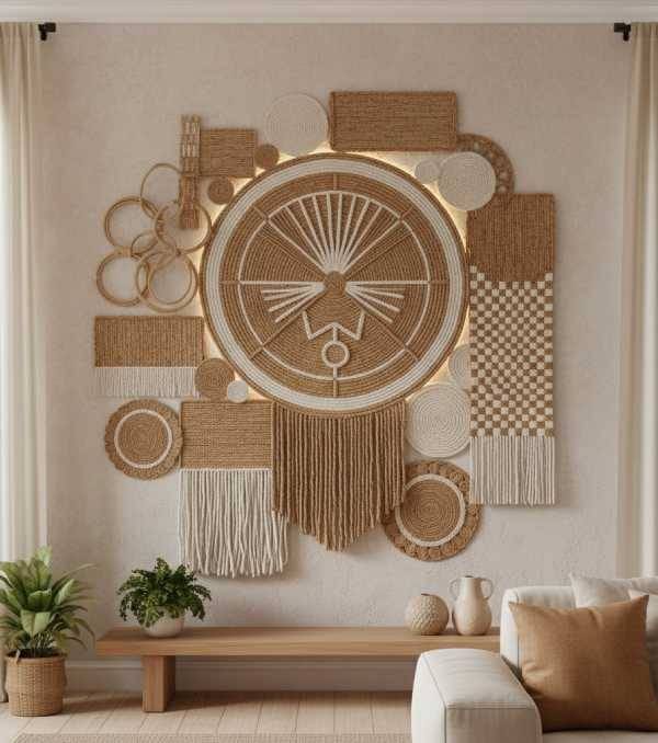 Elegant woven wall hangings made from rattan and jute, perfect for trendy boho-inspired wall decor and natural wall art ideas.