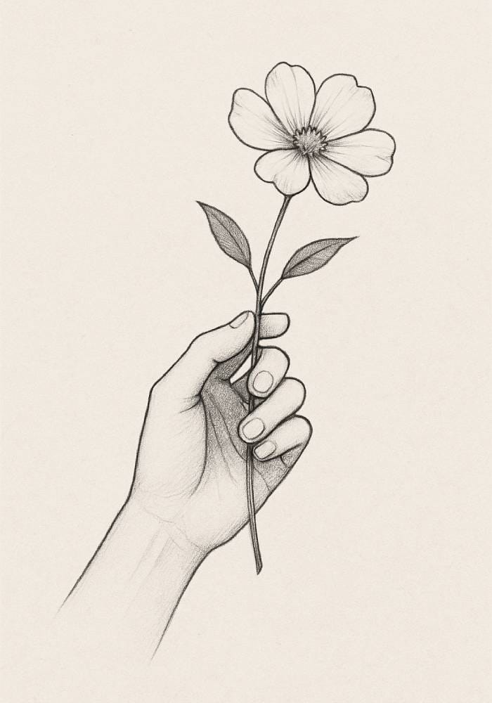Beautiful hand holding a delicate flower drawing, showcasing emotion and artistic detail