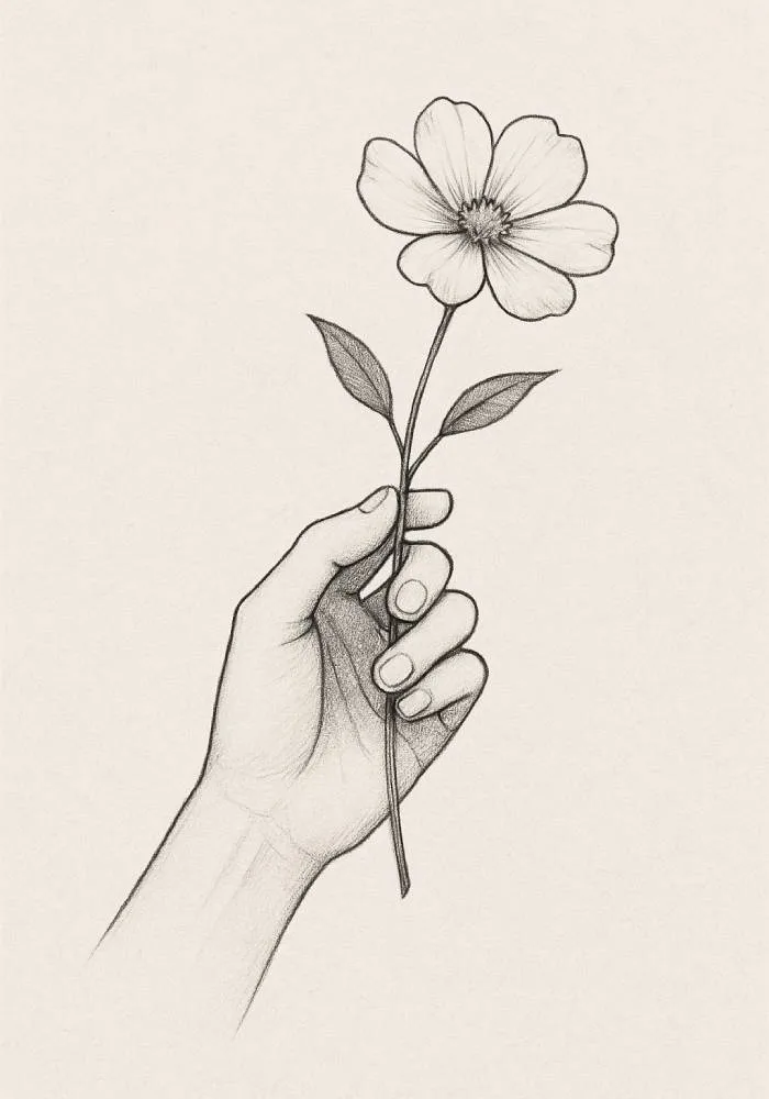 Beautiful hand holding a delicate flower drawing, showcasing emotion and artistic detail