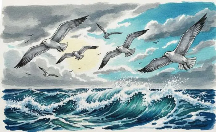 Seagulls soaring above the ocean waves, with a clear sky and gentle ripples below