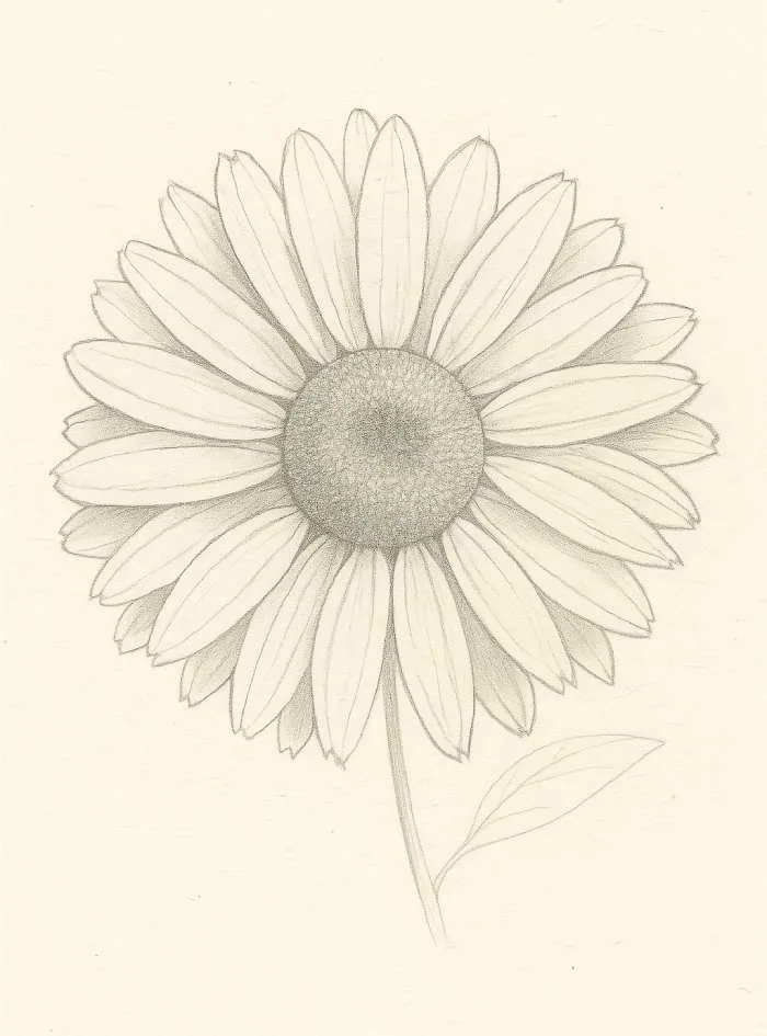 Pencil drawing of a daisy flower with detailed center, petals, stem, and a leaf.