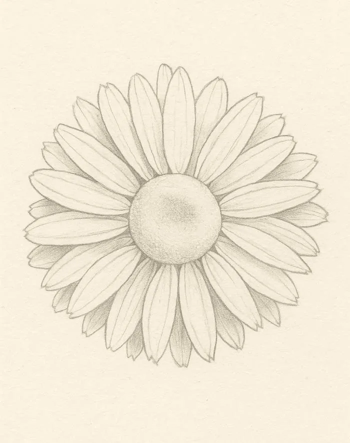Shaded pencil drawing of a daisy flower showing detailed petals and a textured center.