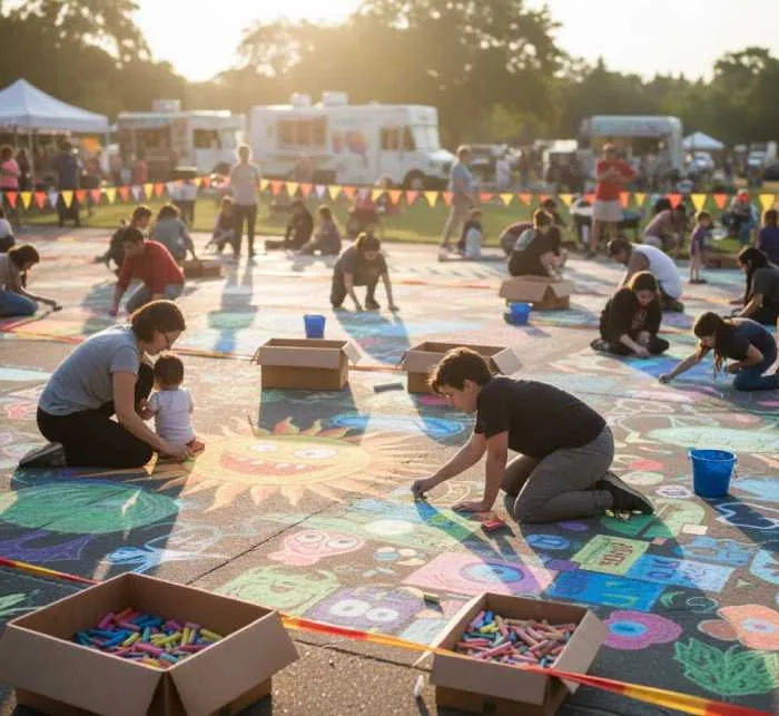 Vibrant chalk drawings at an event art corner during a community festival showcasing colorful designs