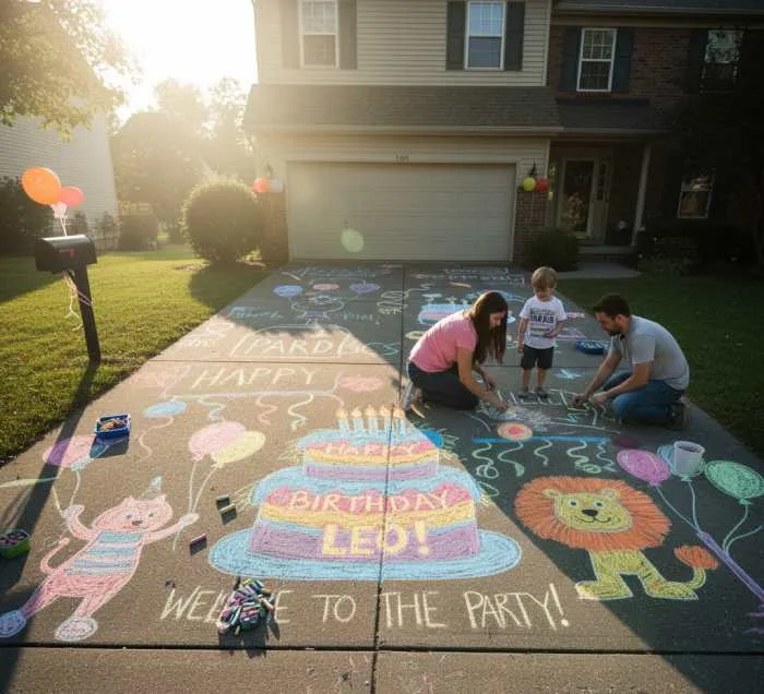 Family creating colorful themed chalk drawings together outdoors during a family day event