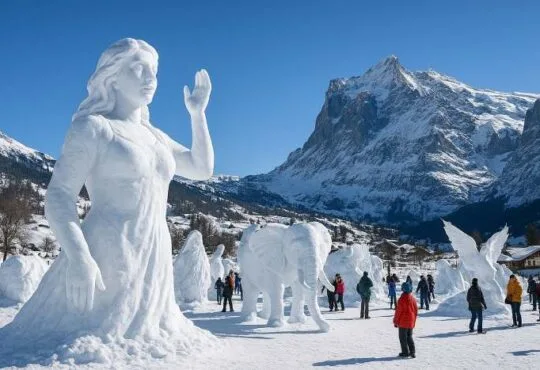 Visitors admire giant snow and ice sculptures at the Grindelwald World Snow Festival in Switzerland with stunning alpine mountains