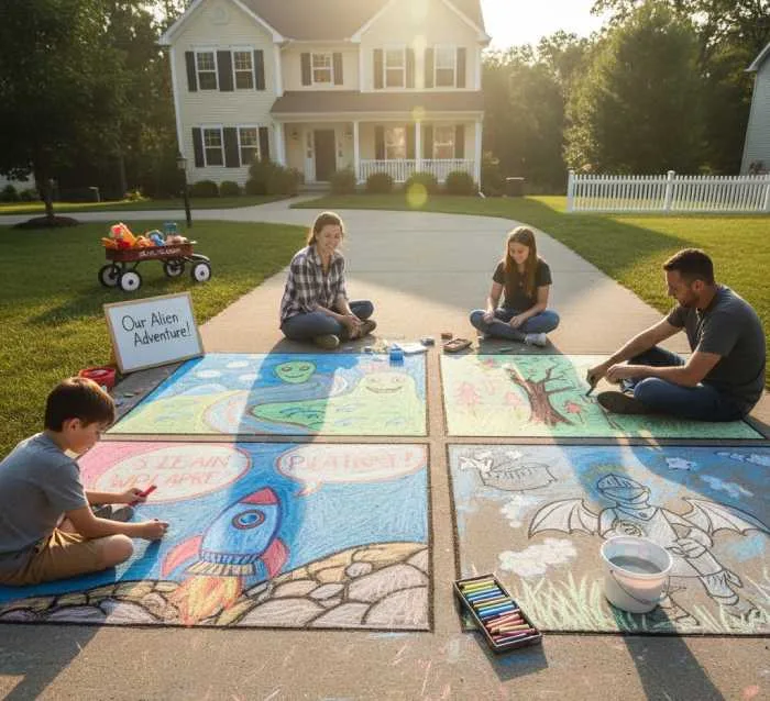 Children creating storytelling scenes with colorful chalk drawings on pavement during a family art activity