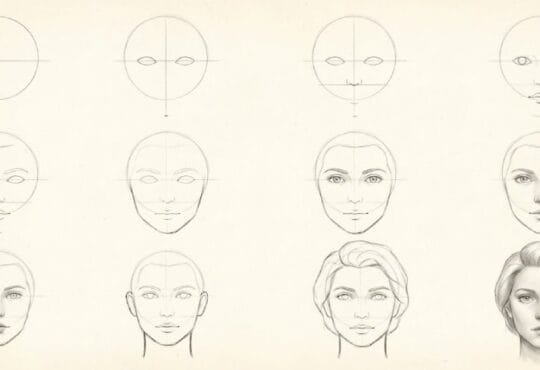 Step-by-step face drawing tutorial showing the progression from basic guidelines to a fully shaded, realistic portrait
