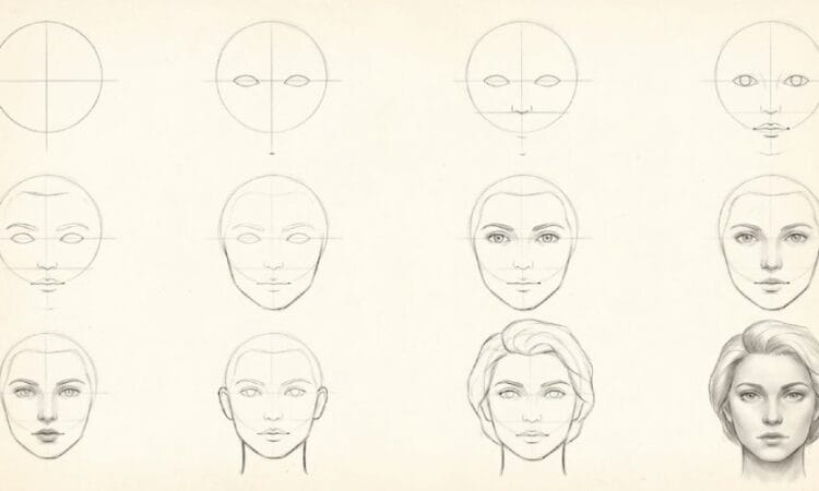 Step-by-step face drawing tutorial showing the progression from basic guidelines to a fully shaded, realistic portrait