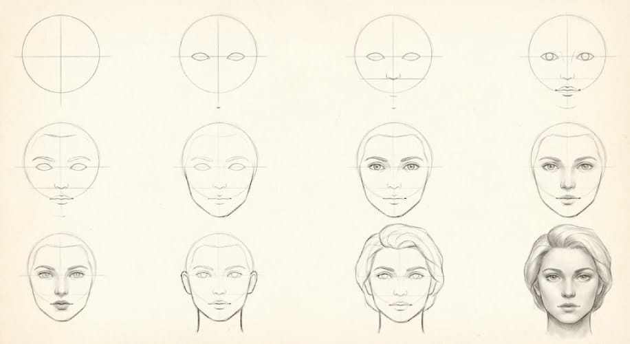 Step-by-step face drawing tutorial showing the progression from basic guidelines to a fully shaded, realistic portrait