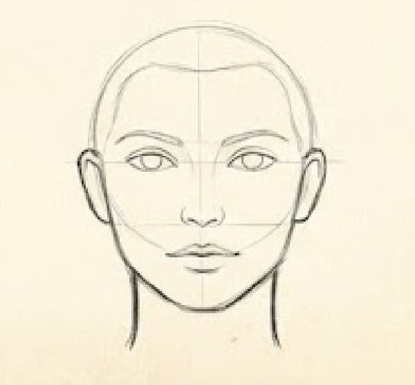 A pencil sketch of a face with basic construction lines, showing the addition of the ears and the neck in step 10 of a face-drawing tutorial