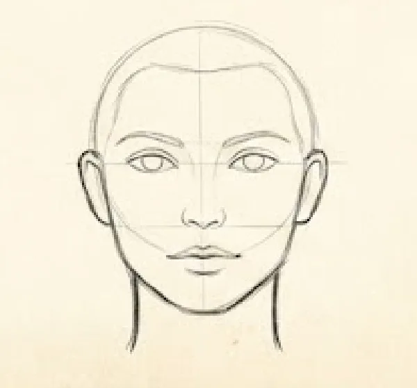 A pencil sketch of a face with basic construction lines, showing the addition of the ears and the neck in step 10 of a face-drawing tutorial