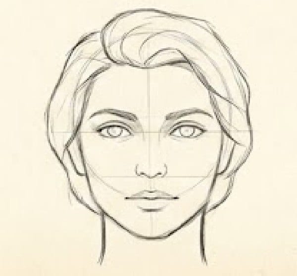 Front-view pencil sketch of a human face with short, voluminous hair