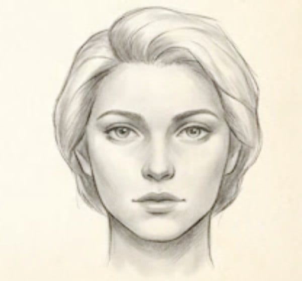 Realistic front-view face drawing with refined shading and final details added to the hair and facial features