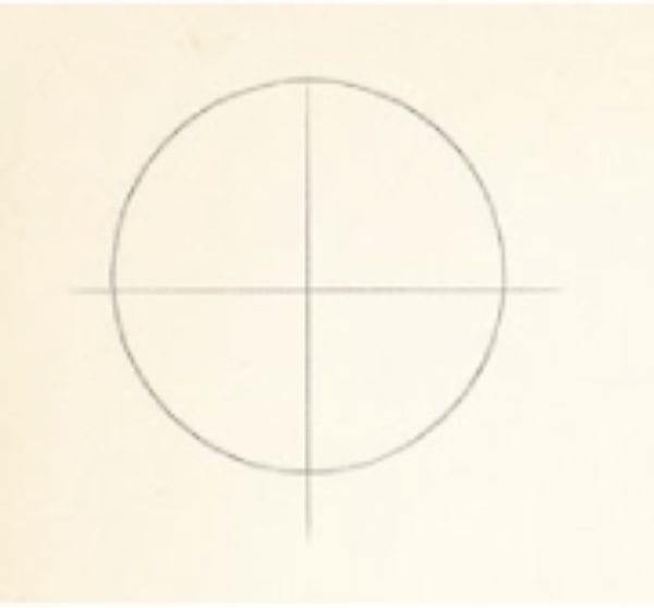 A simple face drawing guide showing a circle with vertical and horizontal guidelines to mark the basic head structure.