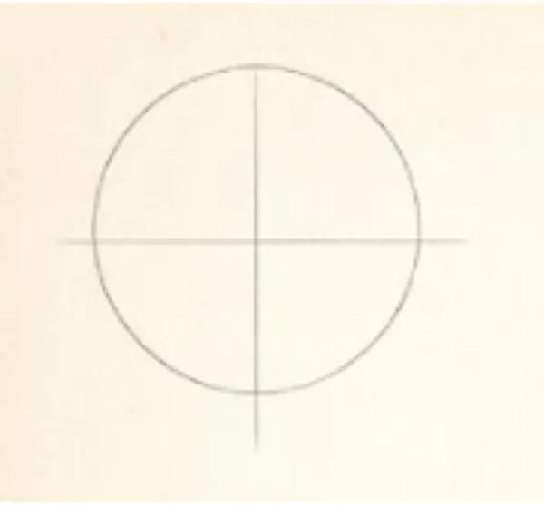 A simple face drawing guide showing a circle with vertical and horizontal guidelines to mark the basic head structure.