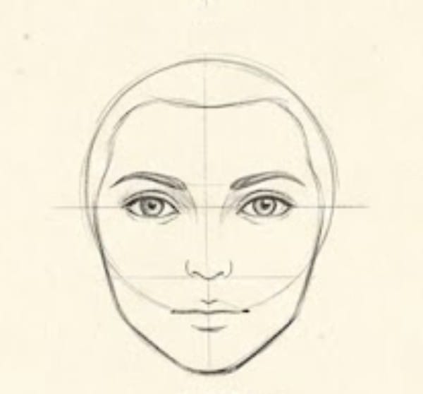 A face drawing guide showing detailed and refined eyes with defined irises, pupils, and eyelids on the facial structure