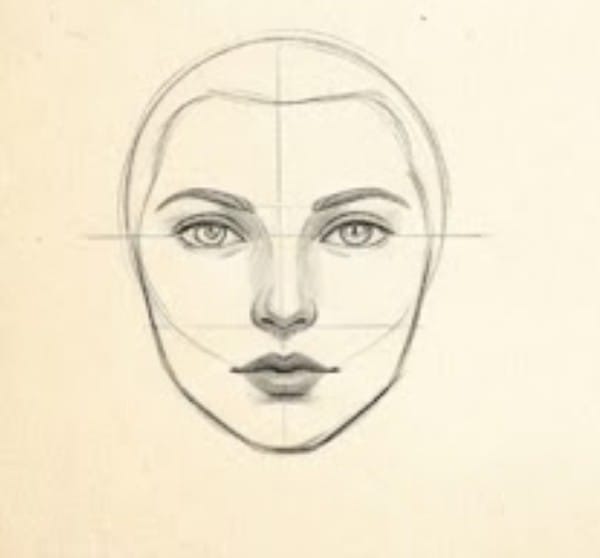 A pencil sketch of a face with construction lines, highlighting the refined shaping and shading of the lips