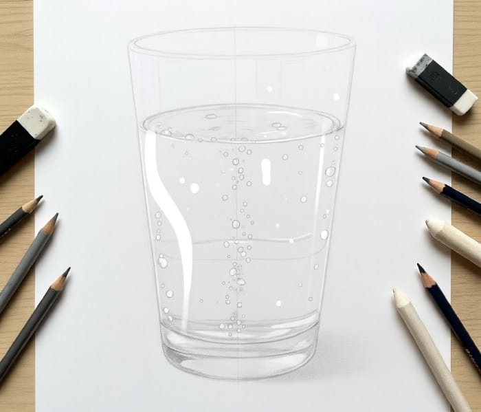 Realistic pencil sketch of a glass of water with reflections, highlights, and bubbles added, surrounded by drawing pencils