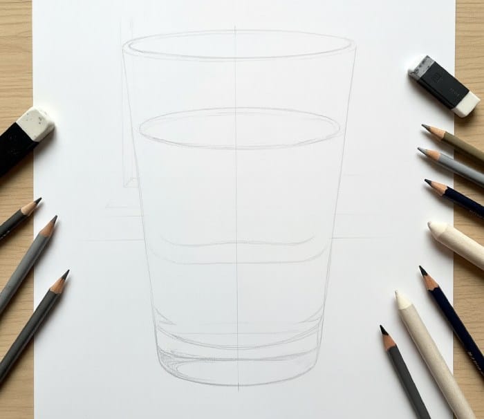 Light pencil sketch of a glass of water showing the basic outline, with drawing pencils and erasers placed around the paper