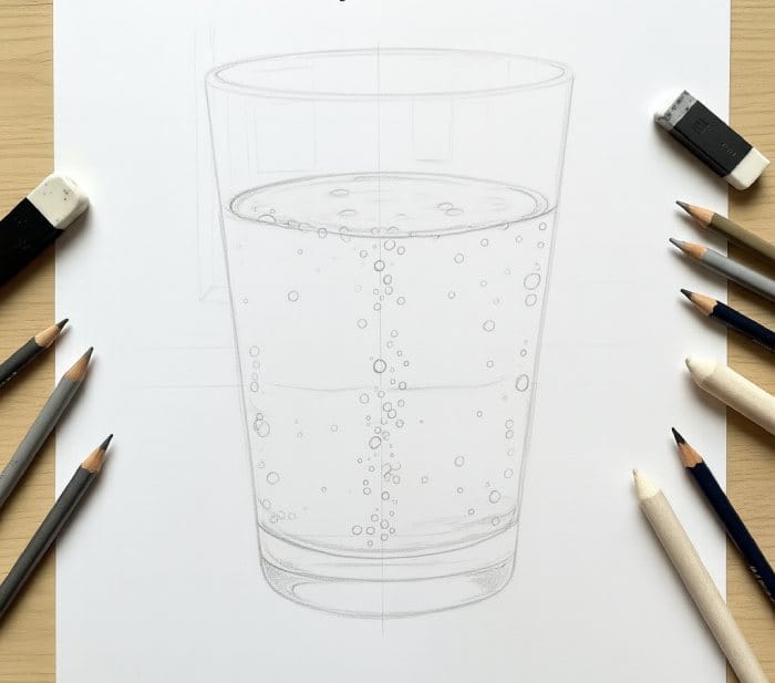 Pencil sketch of a glass of water with added water level details and small bubbles forming inside, surrounded by drawing pencils