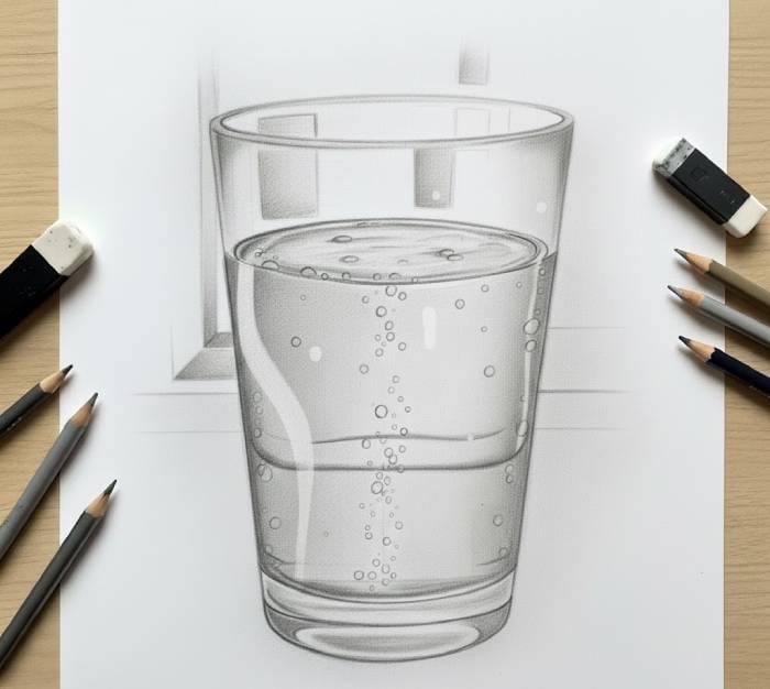 Pencil drawing of a glass of water showing refined shading, bubbles, reflections, and transparent effects