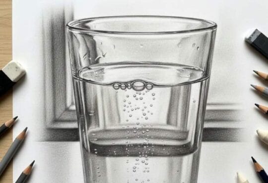 Highly realistic pencil drawing of a glass of water with detailed reflections, bubbles, and shading