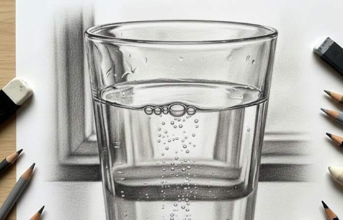 Highly realistic pencil drawing of a glass of water with detailed reflections, bubbles, and shading