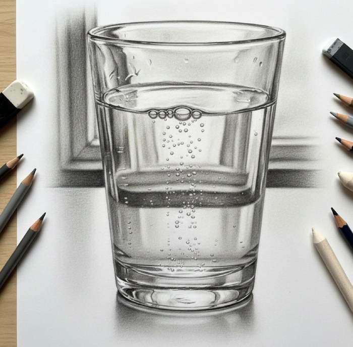 Highly realistic pencil drawing of a glass of water with detailed reflections, bubbles, and shading