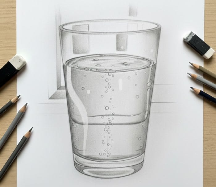 Pencil drawing of a glass of water with detailed shading, transparency effects, and bubbles