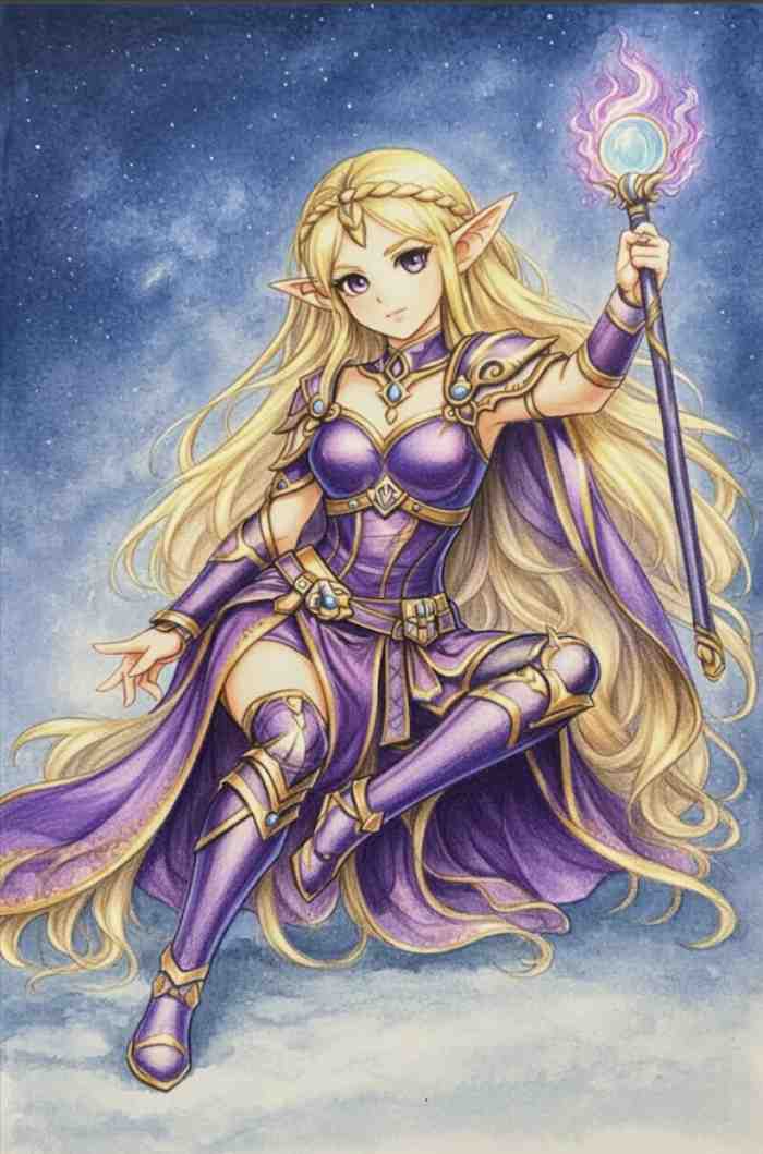 Colored fantasy girl drawing of an elf mage holding a glowing staff, wearing a purple outfit and flowing hair