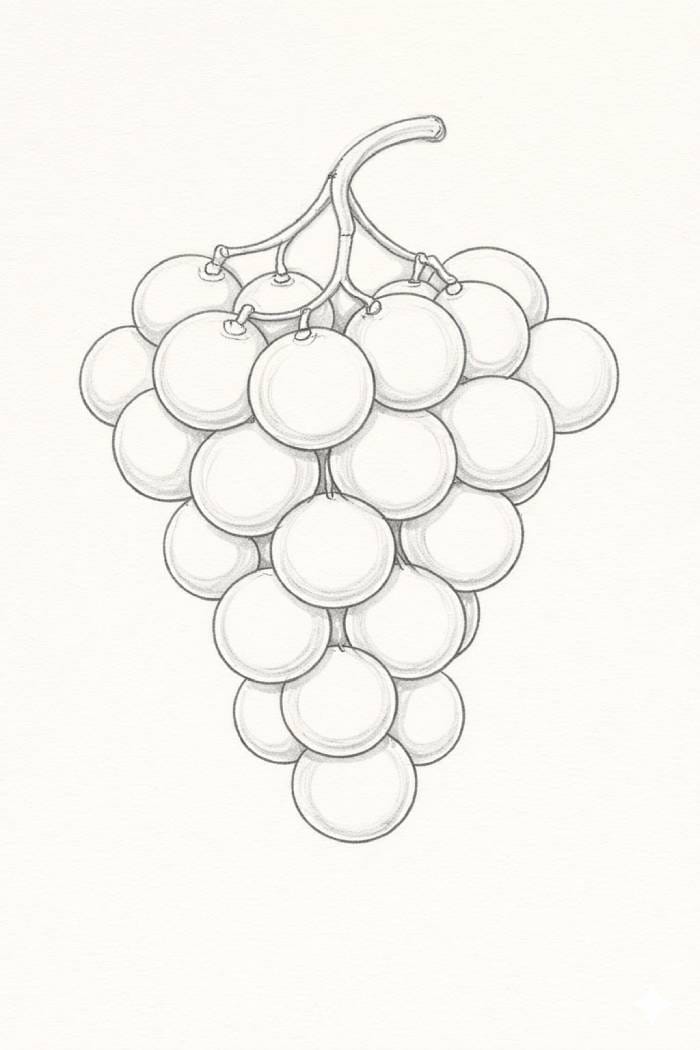 Pencil drawing of a grape bunch with refined outlines, showing clearer grape shapes and smooth edges