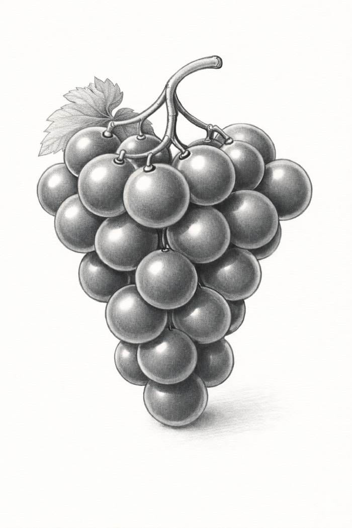 Final texture and details of a realistic grape bunch drawing showing highlights, shading, and stem details