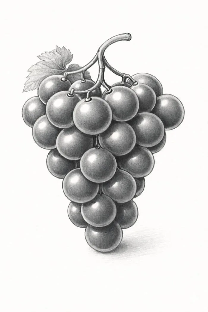 Final texture and details of a realistic grape bunch drawing showing highlights, shading, and stem details