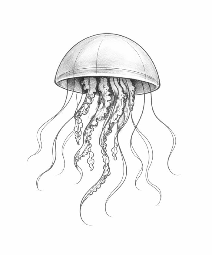 Step 6 jellyfish drawing showing simple pencil shading added to create depth and form