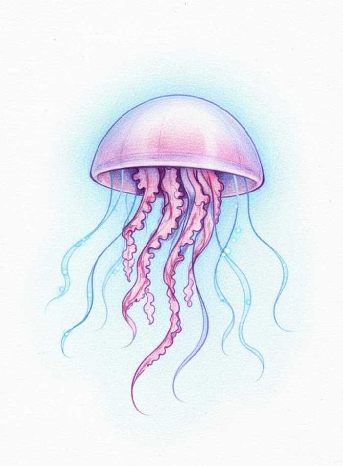 Step 7 jellyfish drawing colored with soft pastel shades to give a glowing jellyfish effect
