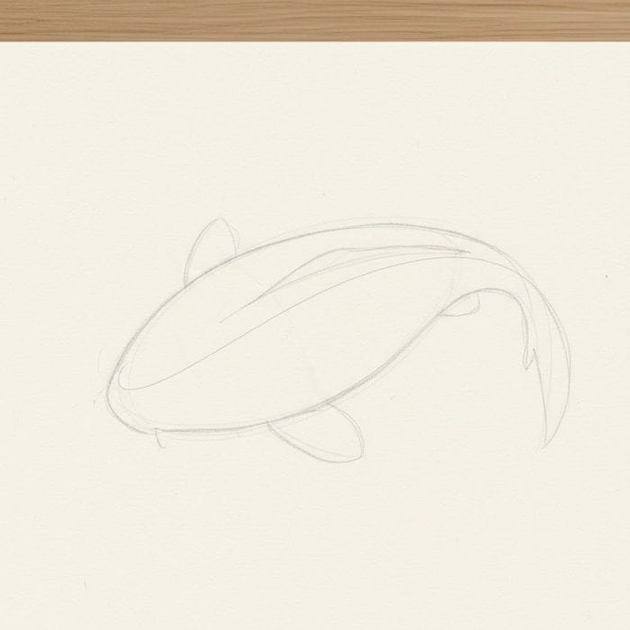 Simple pencil sketch outline of a koi fish showing the basic body shape and fins