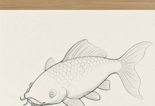 Detailed pencil sketch of a koi fish with added scales, fin texture, and refined body details