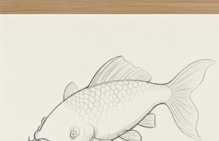 Detailed pencil sketch of a koi fish with added scales, fin texture, and refined body details
