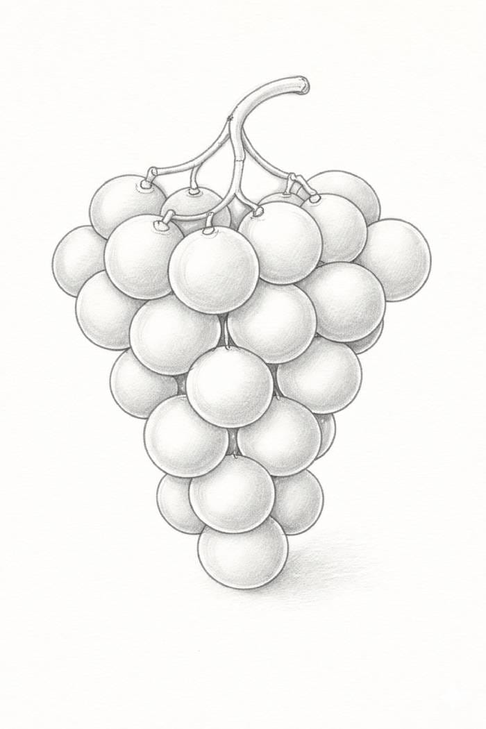 Pencil drawing of a grape bunch with light shading added to show form, depth, and basic shadows