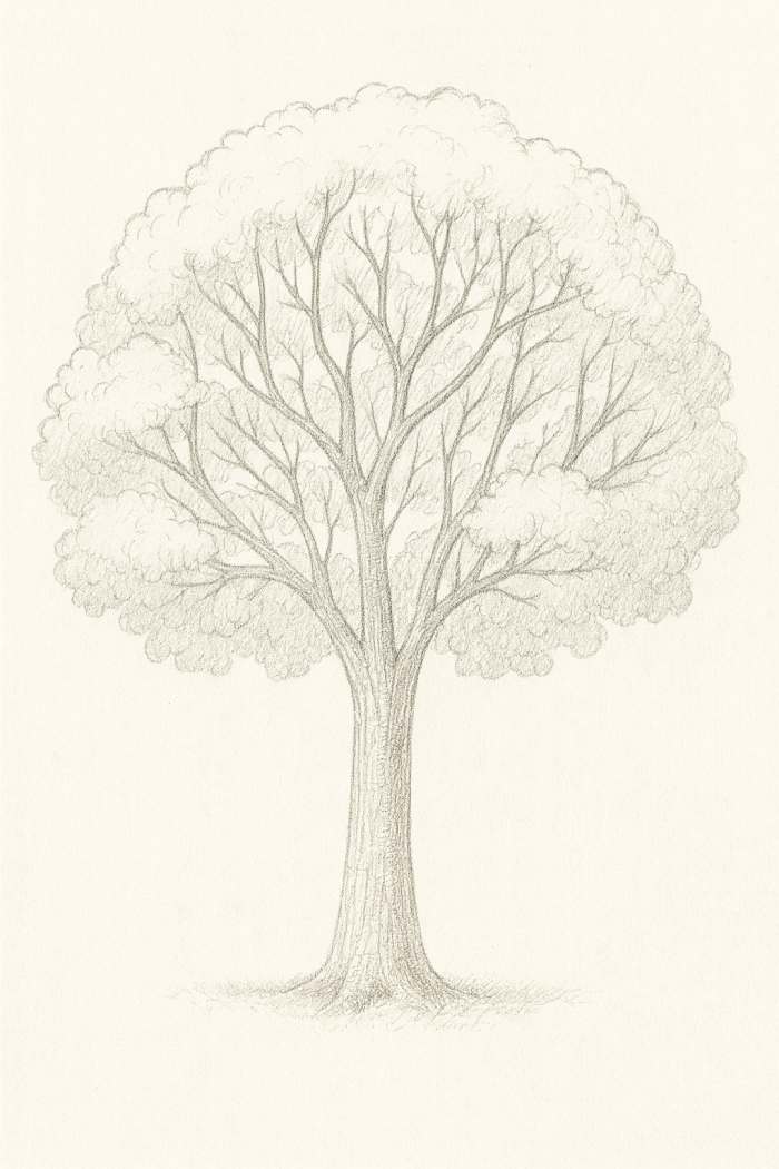 Realistic pencil tree sketch with detailed branches, leaves, and soft shading