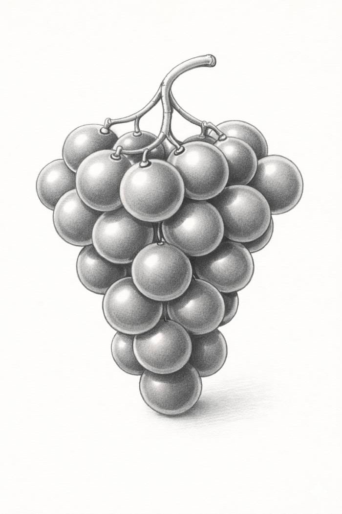 Realistic pencil drawing of a grape bunch with layered shading that adds depth, volume, and smooth transitions