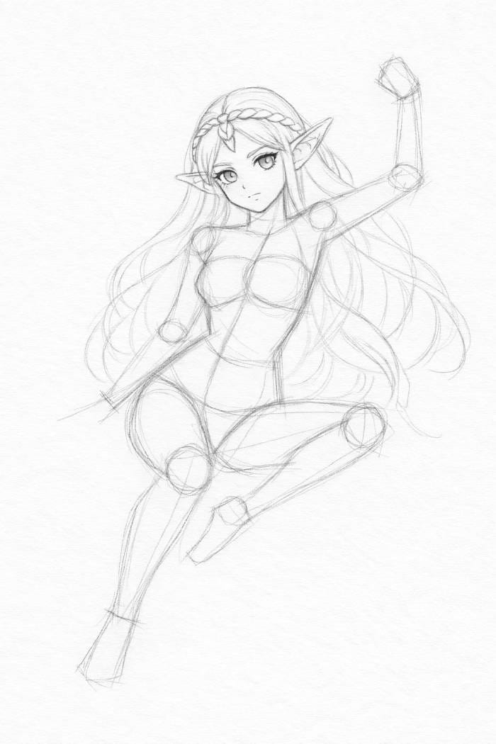 Fantasy girl drawing with detailed hair flow and facial features added over the basic body sketch