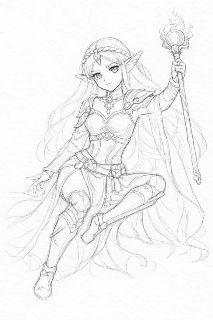 Fantasy girl drawing with detailed outfit, armor elements, flowing fabric, and magical staff accessories