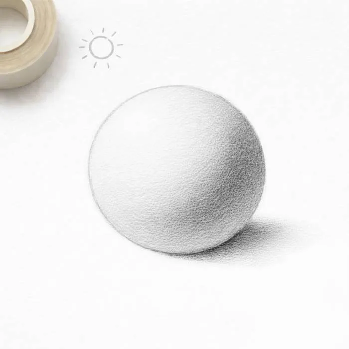 Step 3 of sphere drawing showing light shading added to the sphere based on the light source